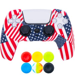 9cdeer 1 piece of silicone transfer print protective thick cover skin + 6 thumb grips for playstation 5 / ps5 controller american flag