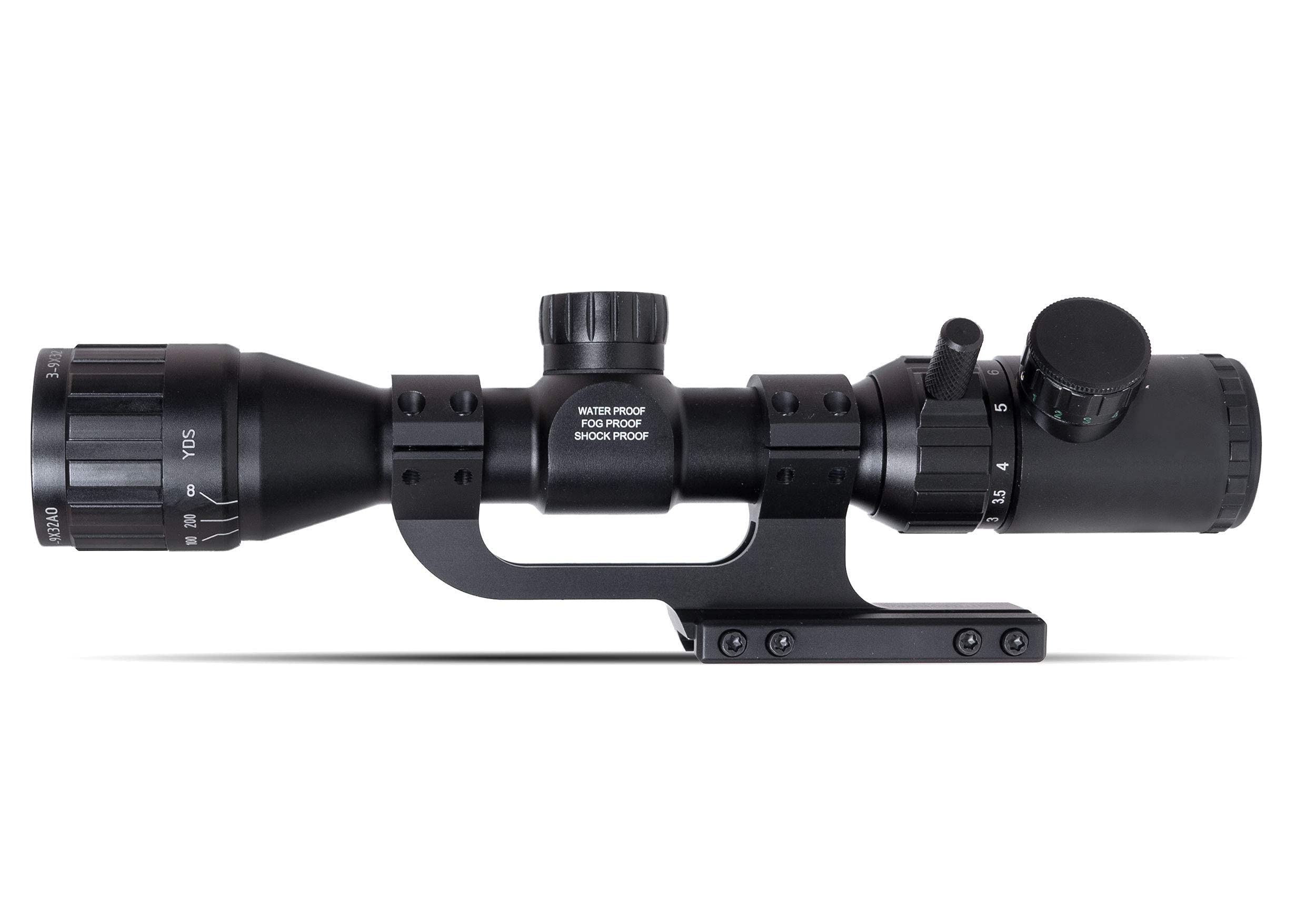 Monstrum 3-9x32 AO Rifle Scope with Illuminated Range Finder Reticle and Parallax Adjustment | ZR250 H-Series Offset Scope Mount | Bundle