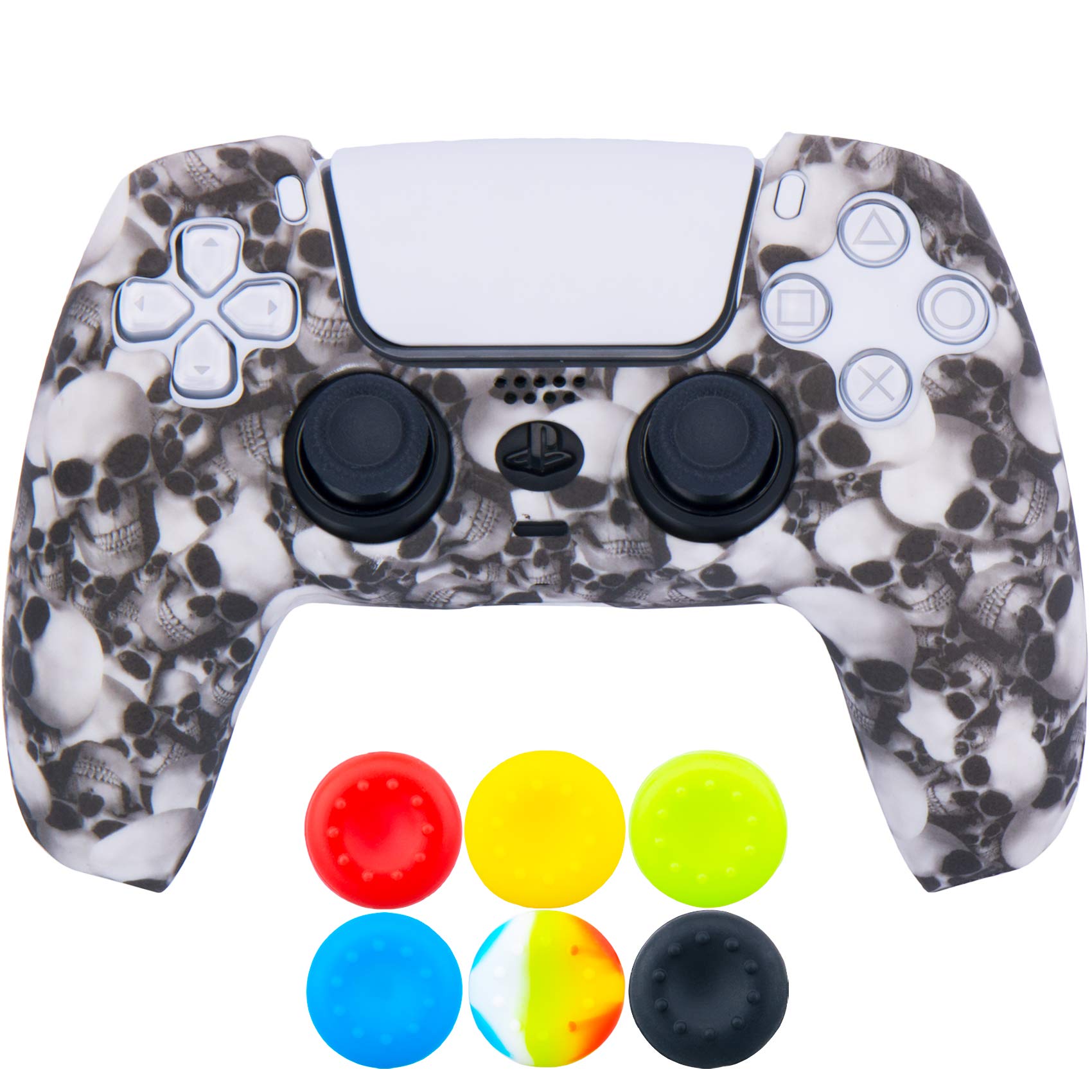 9CDeer 1 Piece of Silicone Transfer Print Protective Thick Cover Skin + 6 Thumb Grips for Playstation 5 / PS5 Controller White Skulls