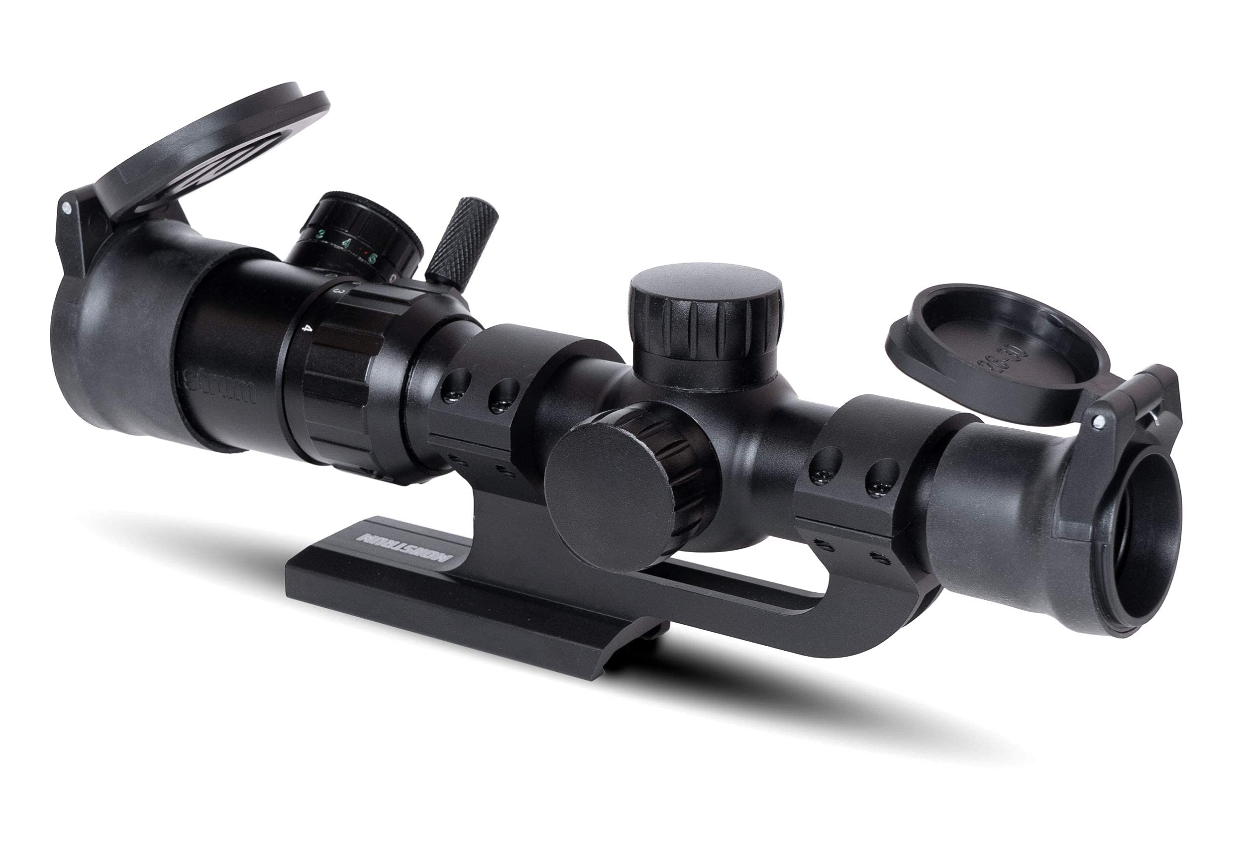 Monstrum 1-4x20 Rifle Scope with Rangefinder Reticle | ZR250 H-Series Offset Scope Mount | Monstrum Flip Up Lens Cover Set | Bundle