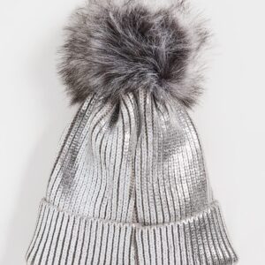 Adrienne Landau Women's Metallic Hat with Pom, Silver, One Size