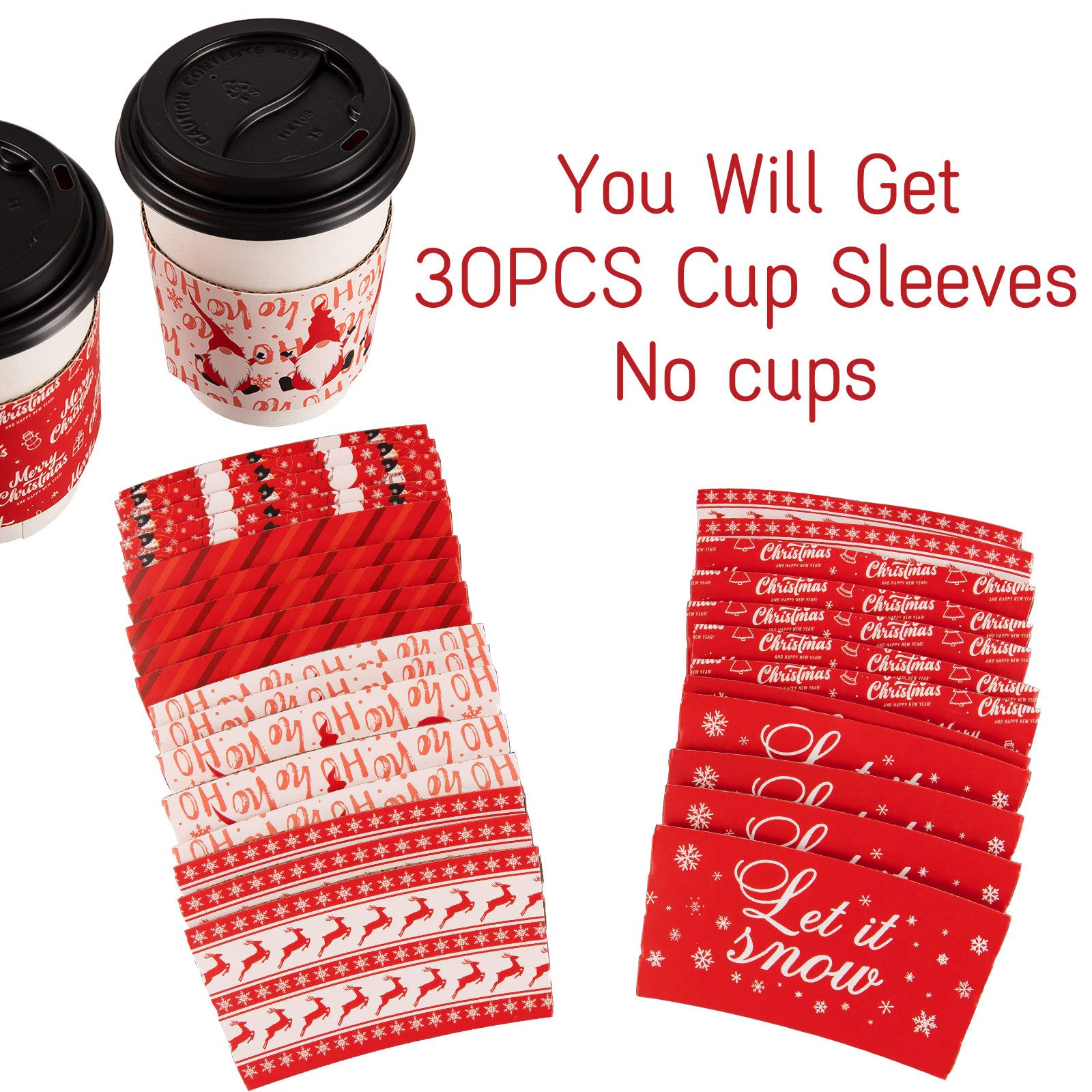 Whaline Christmas Coffee Tea Cup Sleeves 30 Pack Disposable Cardboard Sleeves Double-Layer Paper Sleeves Fit 12 and 16oz Paper Cup for Hot Drinks Cold Beverage Cafe Shop Office, 6 Design