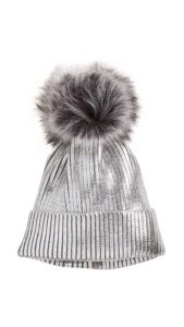 adrienne landau women's metallic hat with pom, silver, one size