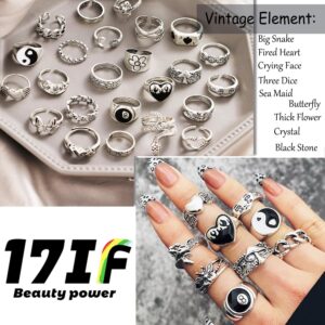 35 Pcs Vintage Silver Knuckle Rings Set for Women Men, Grunge Gothic Rings Chunky Aesthetic Snake Stackable Ring Adjustable Y2K Punk Bulky Boho Finger Alt Fairy Skull Frog Heart Star Flower Midi Ring Pack