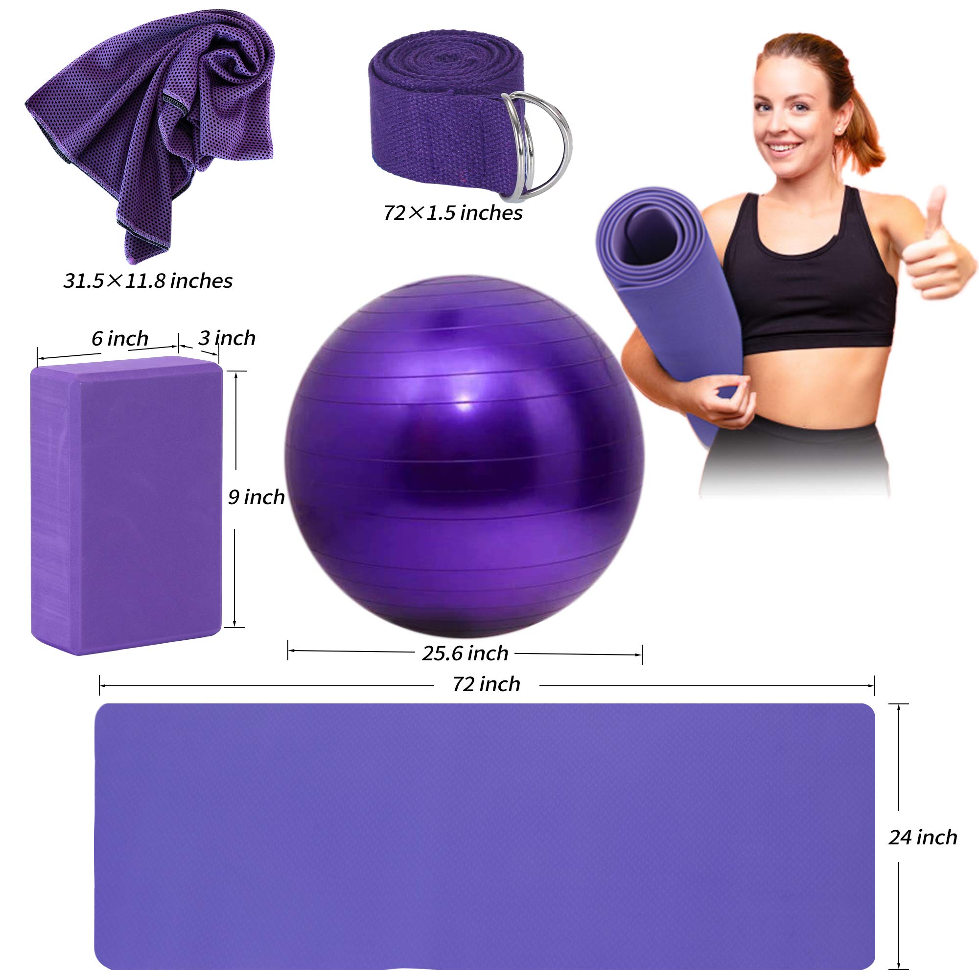 Yoga Beginners Kit Yoga Blocks 2 Pack Yoga Strap Yoga Ball Yoga Mat with Carrying Strap Net Bag Sports Cooling Towel,Yoga Mat Kits and Sets for Beginners 11-Piece Yoga Starter Kit for Women (Purple)