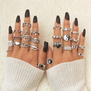 35 Pcs Vintage Silver Knuckle Rings Set for Women Men, Grunge Gothic Rings Chunky Aesthetic Snake Stackable Ring Adjustable Y2K Punk Bulky Boho Finger Alt Fairy Skull Frog Heart Star Flower Midi Ring Pack