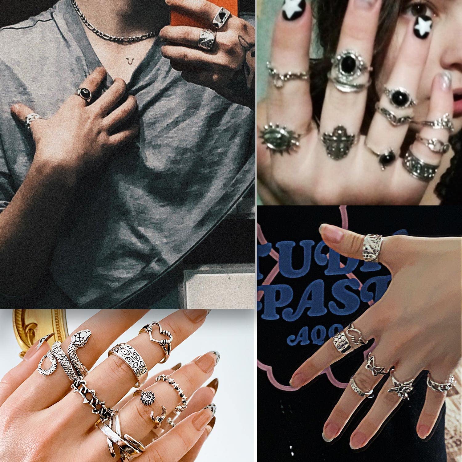 35 Pcs Vintage Silver Knuckle Rings Set for Women Men, Grunge Gothic Rings Chunky Aesthetic Snake Stackable Ring Adjustable Y2K Punk Bulky Boho Finger Alt Fairy Skull Frog Heart Star Flower Midi Ring Pack