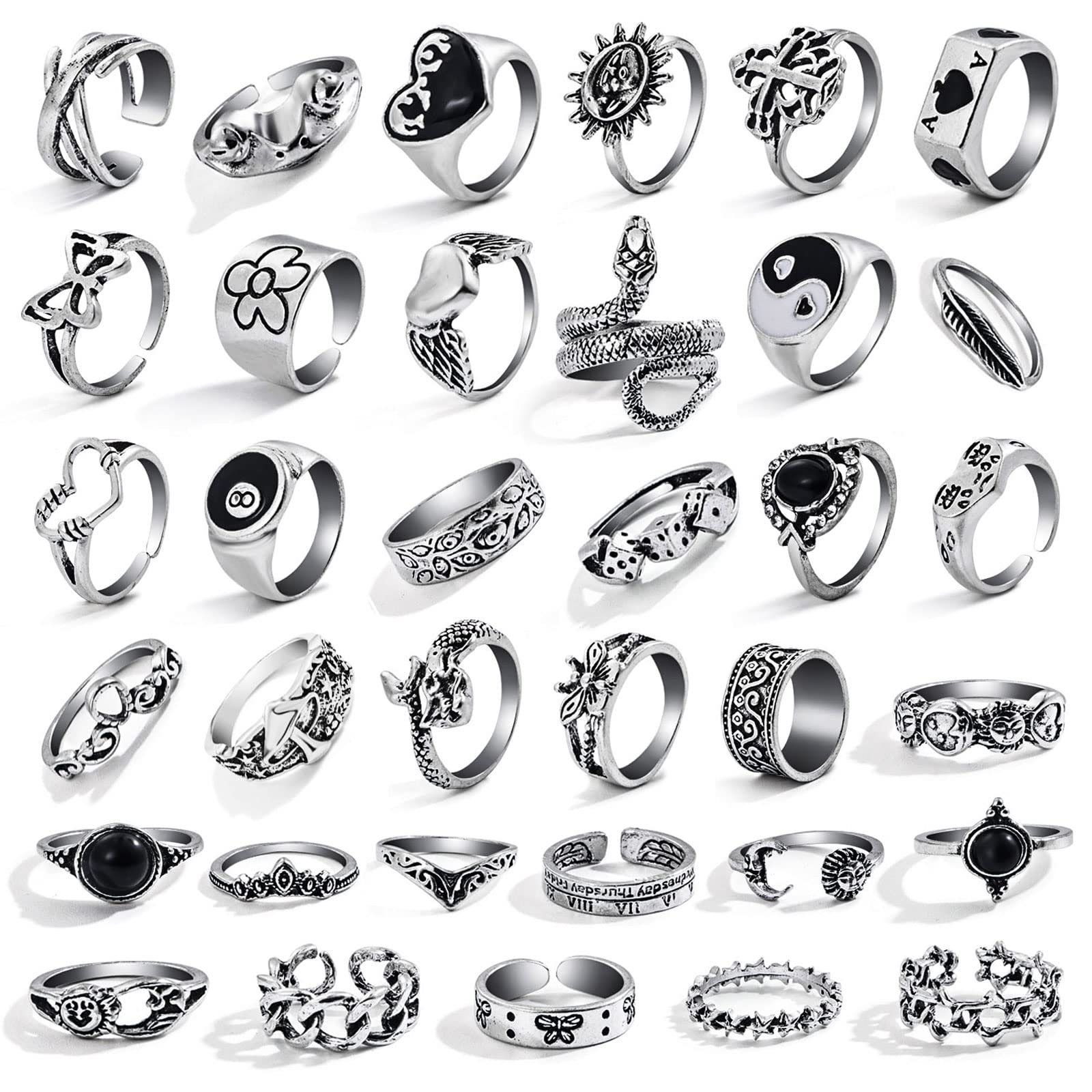 35 Pcs Vintage Silver Knuckle Rings Set for Women Men, Grunge Gothic Rings Chunky Aesthetic Snake Stackable Ring Adjustable Y2K Punk Bulky Boho Finger Alt Fairy Skull Frog Heart Star Flower Midi Ring Pack