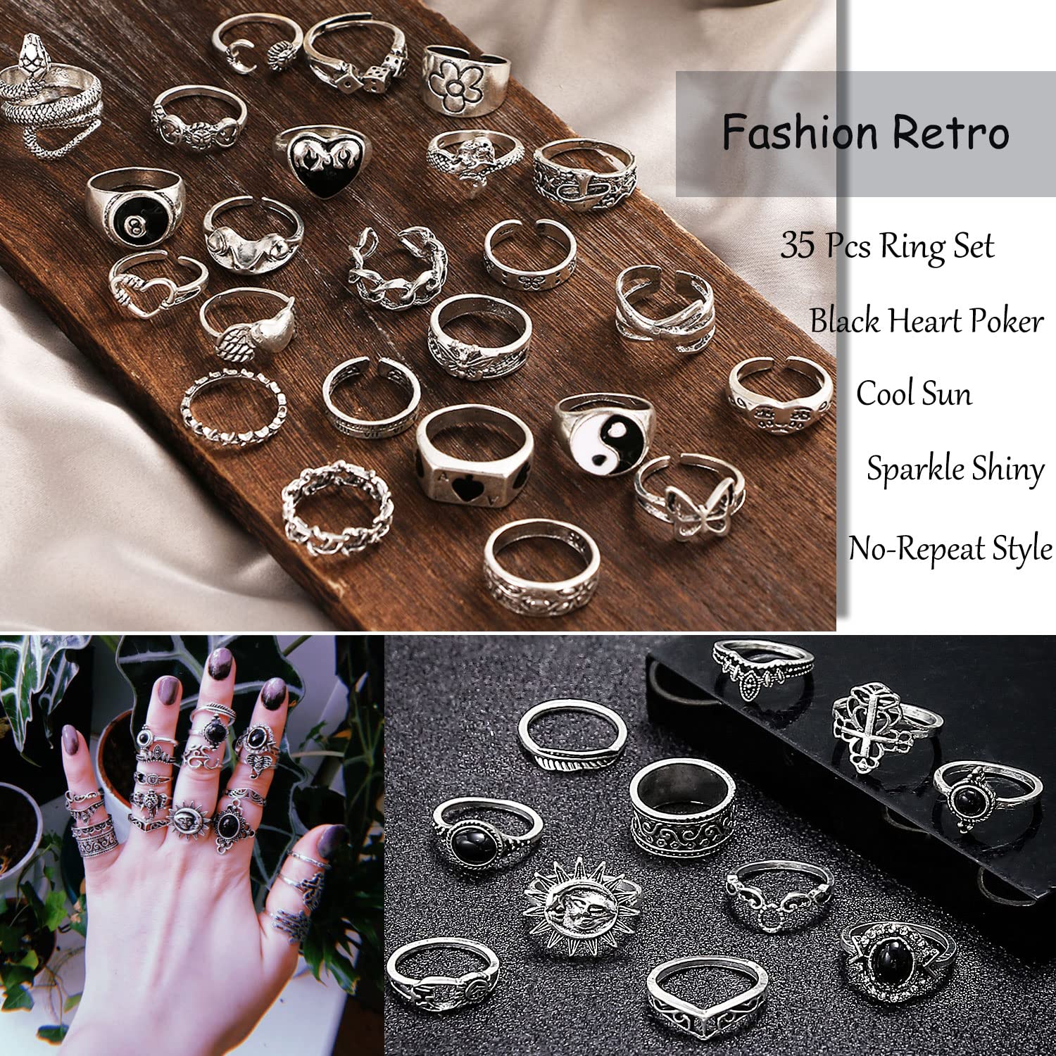 35 Pcs Vintage Silver Knuckle Rings Set for Women Men, Grunge Gothic Rings Chunky Aesthetic Snake Stackable Ring Adjustable Y2K Punk Bulky Boho Finger Alt Fairy Skull Frog Heart Star Flower Midi Ring Pack