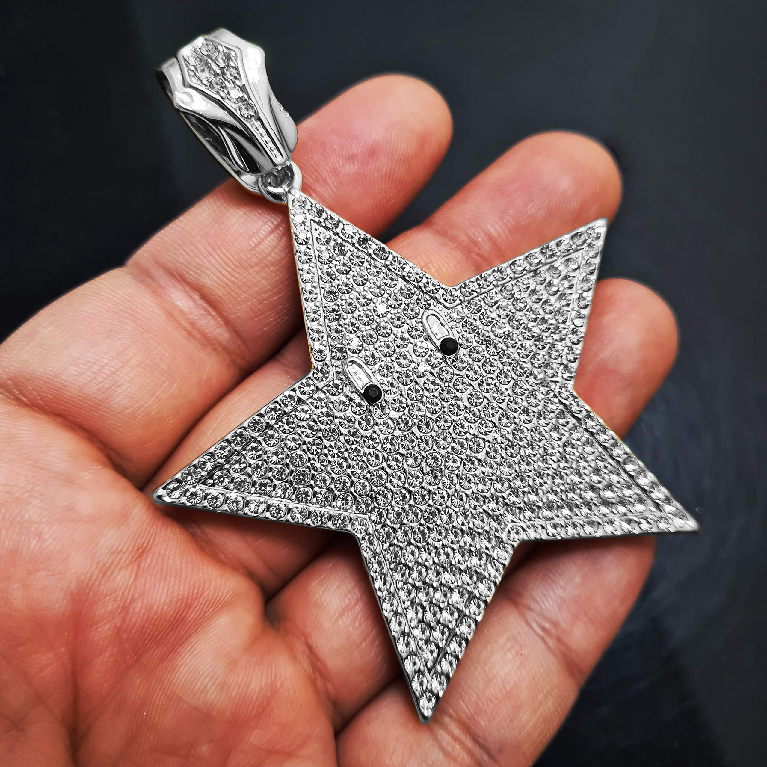 HIP HOP ICED FASHION LAB DIAMOND LARGE MARIO STAR BLING CHARM PENDANT (SILVER)