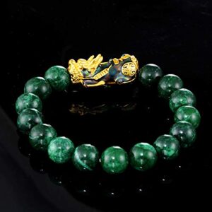 2pcs Pixiu Green Jade Natural Stone Change Color Elastic&Braided String Rope Bracelet Brave Troops Lucky Wealth Bracelet for Women Men Gift-Set 1