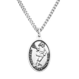 Rosemarie's Religious Gifts Women's Sterling Silver Saint Christopher Protect This Athlete Sports Medal Pendant Necklace, 18" (Lacrosse)