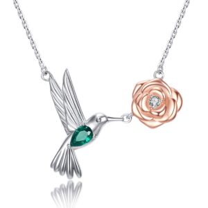 925-sterlign-silver roseflower hummingbird necklaces for women - rose and white gold plated animal pendant jewelry christmas birthdays gifts for wife girlfriend mom daughters.