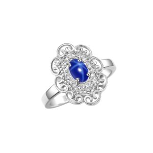 Rylos Sterling Silver Floral Designer Ring with 6x4 MM Oval Blue Star Sapphire Gemstone & Sparkling Diamonds - Birthstone Jewelry for Women -Size 7