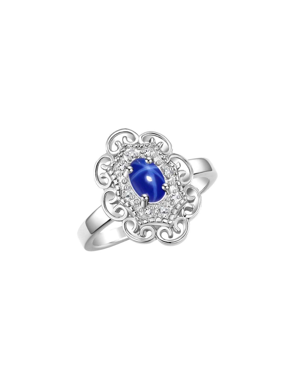 Rylos Sterling Silver Floral Designer Ring with 6x4 MM Oval Blue Star Sapphire Gemstone & Sparkling Diamonds - Birthstone Jewelry for Women -Size 7