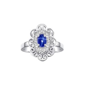 Rylos Sterling Silver Floral Designer Ring with 6x4 MM Oval Blue Star Sapphire Gemstone & Sparkling Diamonds - Birthstone Jewelry for Women -Size 7