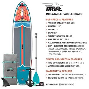 Drift Inflatable Stand Up Paddle Board - SUP Paddle Board and Accessories, Including Pump, Paddle, and More - Native Floral, Adult, 11'6"