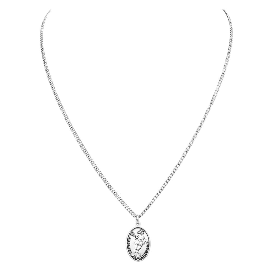 Rosemarie's Religious Gifts Women's Sterling Silver Saint Christopher Protect This Athlete Sports Medal Pendant Necklace, 18" (Lacrosse)