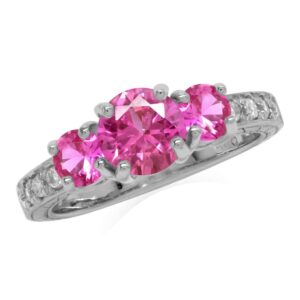 silvershake created pink tourmaline 925 sterling silver 3-stone anniversary engagement ring for women size 6.5