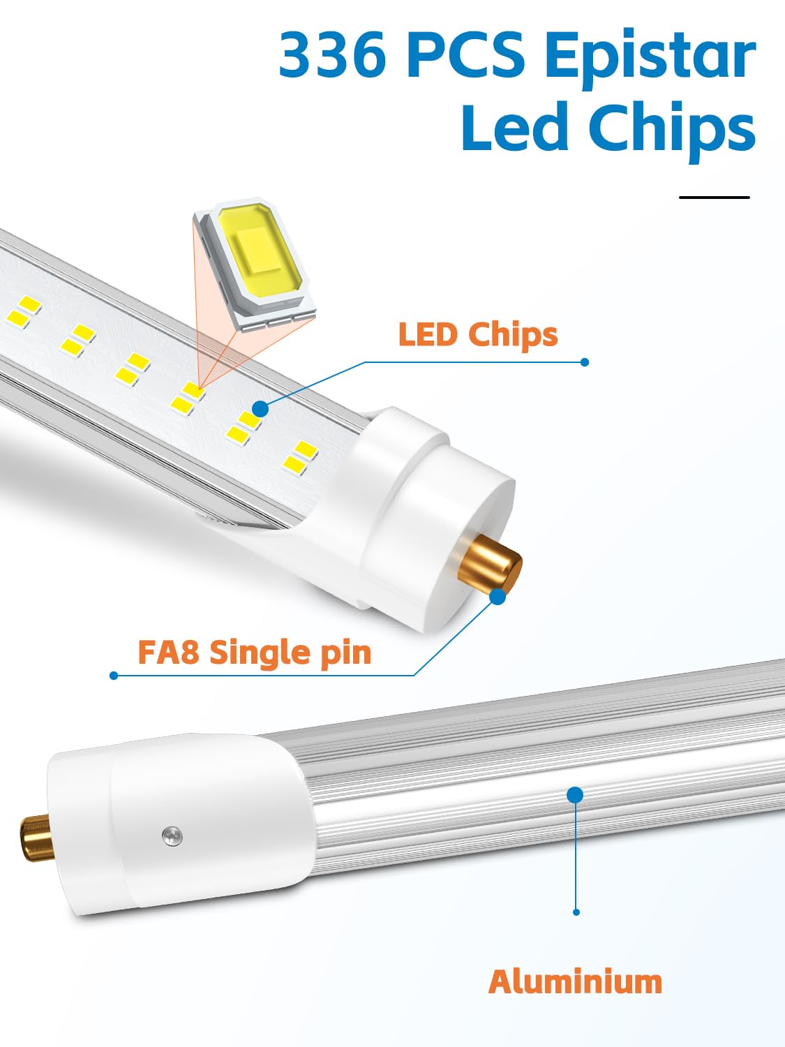 ELEKICO 8FT LED Bulbs, Super Bright 72W 9000lm 5000K, T8 T10 T12 LED Tube Lights, FA8 Single Pin T8 LED Lights, Clear Cover, 8 Foot LED Bulbs to Replace Fluorescent Light Bulbs (Pack of 6)