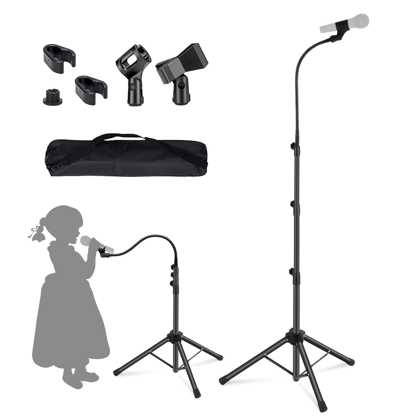 Boom Mic Stand-Kangziliang Mike Stand Gooseneck Microphone Stand Tripod Adjustable Height 3'- 6' with Mic Clips and 3/8" - 5/8" Adapter Microphone Stand for Singing