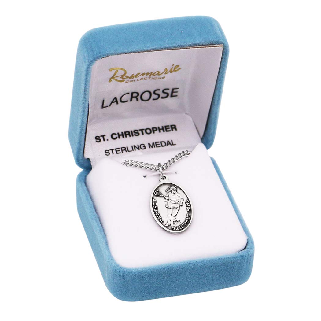 Rosemarie's Religious Gifts Women's Sterling Silver Saint Christopher Protect This Athlete Sports Medal Pendant Necklace, 18" (Lacrosse)