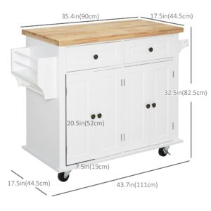 HOMCOM Kitchen Island on Wheels, Rolling Cart with Rubberwood Top, Spice Rack, Towel Rack and Drawers for Dining Room, White