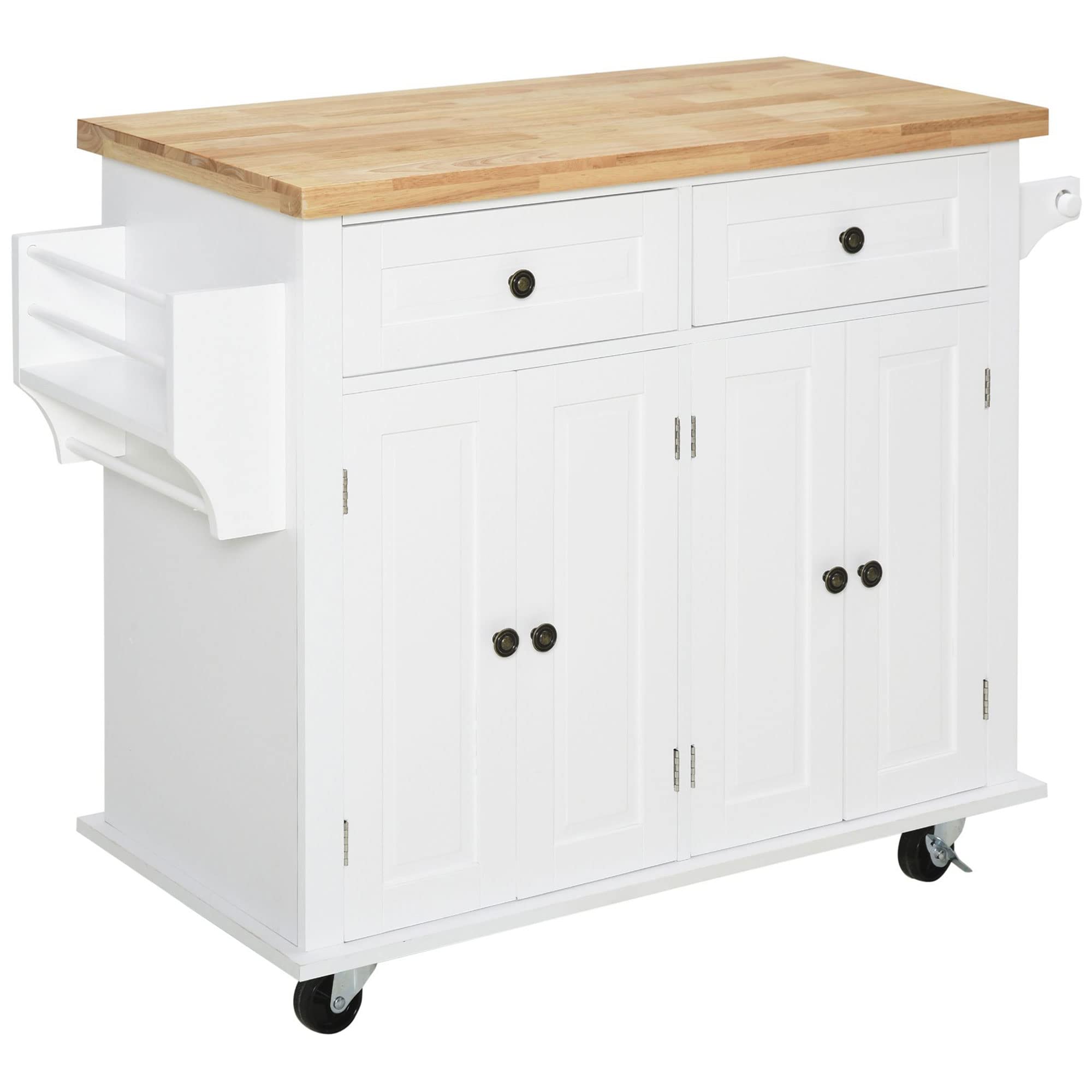 HOMCOM Kitchen Island on Wheels, Rolling Cart with Rubberwood Top, Spice Rack, Towel Rack and Drawers for Dining Room, White