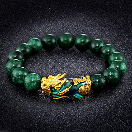 2pcs Pixiu Green Jade Natural Stone Change Color Elastic&Braided String Rope Bracelet Brave Troops Lucky Wealth Bracelet for Women Men Gift-Set 1