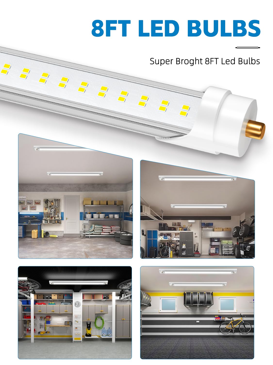 ELEKICO 8FT LED Bulbs, Super Bright 72W 9000lm 5000K, T8 T10 T12 LED Tube Lights, FA8 Single Pin T8 LED Lights, Clear Cover, 8 Foot LED Bulbs to Replace Fluorescent Light Bulbs (Pack of 6)