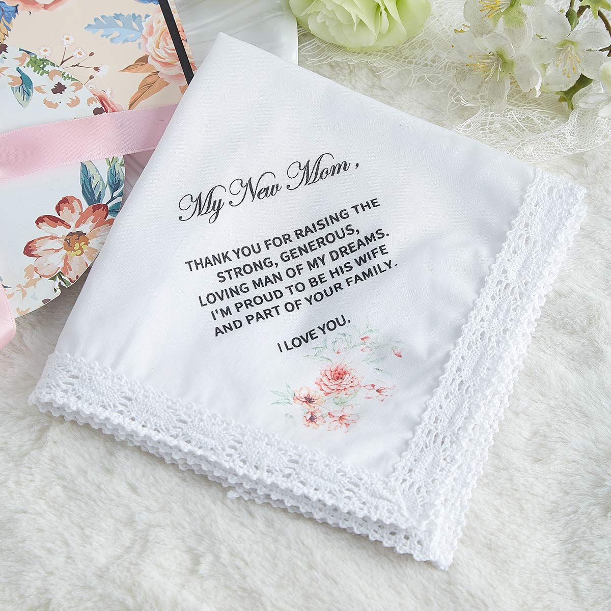 Udobuy Wedding Handkerchief Gift for Bride Groom Mom Dad Grandma Friends,Printed Wedding Hankies,Keepsake Hankie for Mother... (Mother of the Groom)