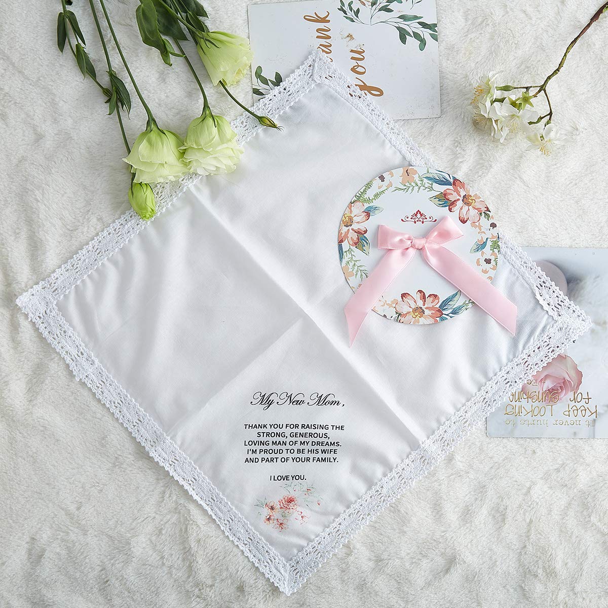 Udobuy Wedding Handkerchief Gift for Bride Groom Mom Dad Grandma Friends,Printed Wedding Hankies,Keepsake Hankie for Mother... (Mother of the Groom)