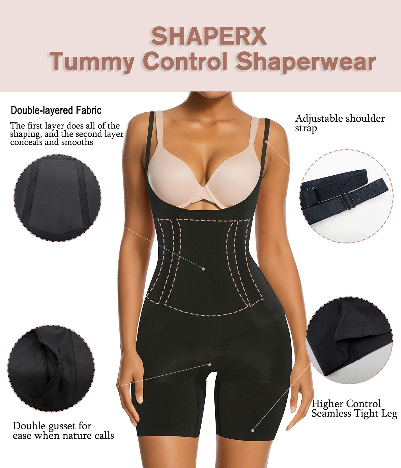 SHAPERX Shapewear for Women Tummy Control Open Bust Thigh Slimmer Body Shaper, SZ2490293-Black-L