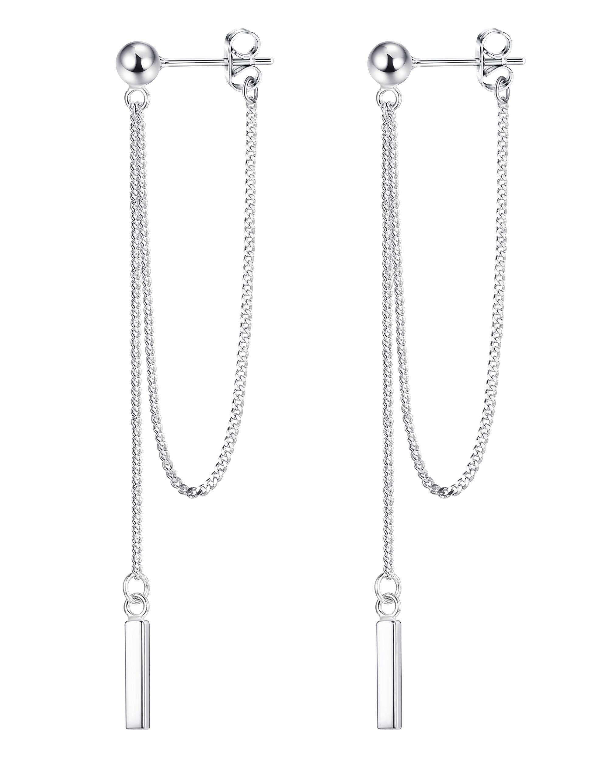 Milacolato 925 Sterling Silver Chain Earrings for Women 14K White Gold Plated Chain Dangle Bar Earrings Hypoallergenic Stud Earrings with Drop Tassel Chain for Sensitive Ears