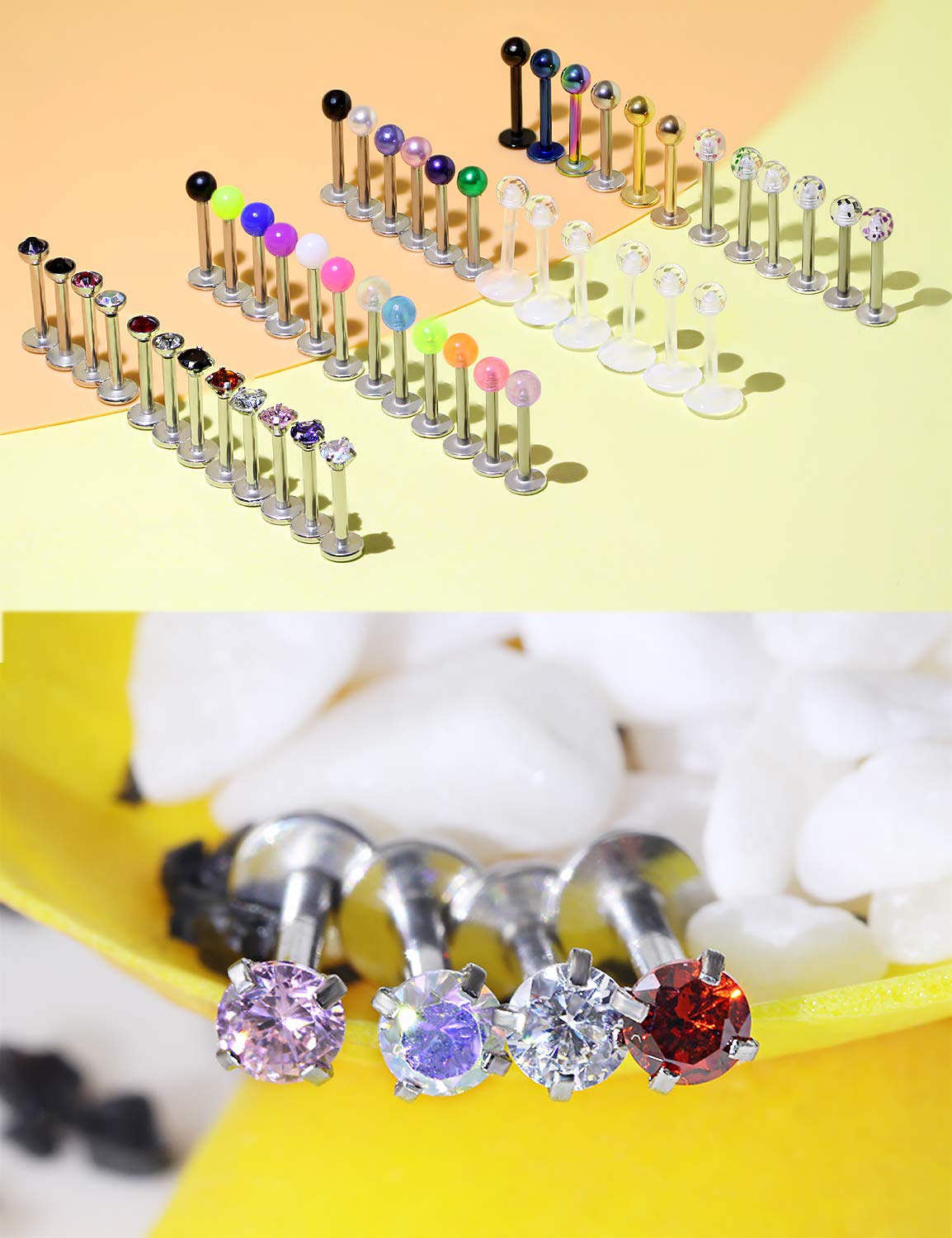 Gadeaila 48pcs 16G Lip Rings Stainless Steel Labret Monroe Lip Rings Nail Cartilage Tragus Helix Earrings Studs Ring Medusa Piercing Jewelry for Women Men 6mm 8mm 10mm