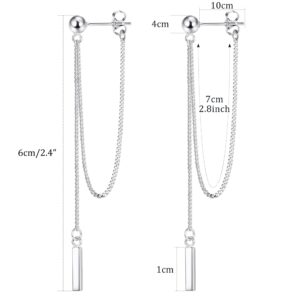 Milacolato 925 Sterling Silver Chain Earrings for Women 14K White Gold Plated Chain Dangle Bar Earrings Hypoallergenic Stud Earrings with Drop Tassel Chain for Sensitive Ears