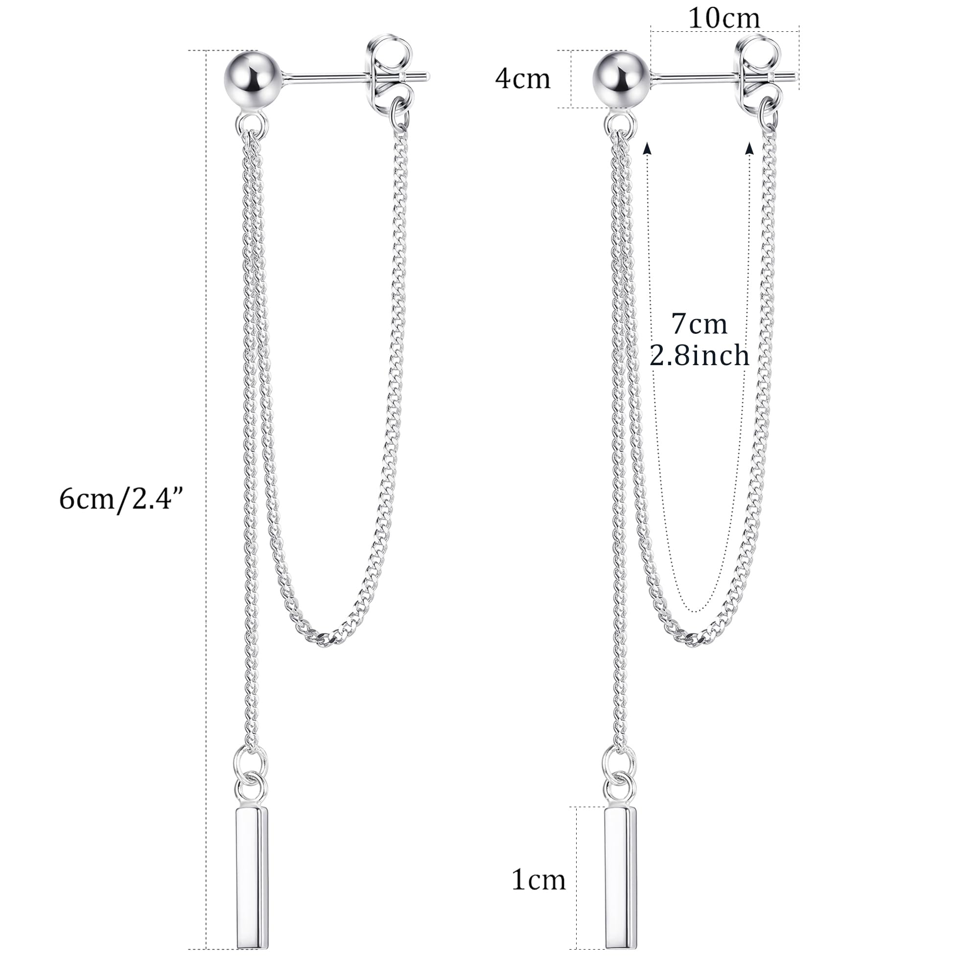 Milacolato 925 Sterling Silver Chain Earrings for Women 14K White Gold Plated Chain Dangle Bar Earrings Hypoallergenic Stud Earrings with Drop Tassel Chain for Sensitive Ears