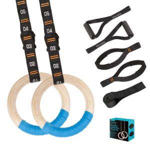 vulken wooden gymnastic rings with adjustable numbered straps. 1.25'' olympic rings for core workout, crossfit, bodyweight training. home gym rings with 8.5ft exercise straps and workout handles. blue