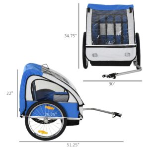 Aosom 2-Seat Child Bike Trailer for Kids with a Strong Steel Frame, 5-Point Safety Harnesses, & Comfortable Seat, Blue