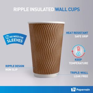 Papernain [16 oz, 60-Count, Brown Hot Paper Disposable Ripple Insulated Wall Cups…