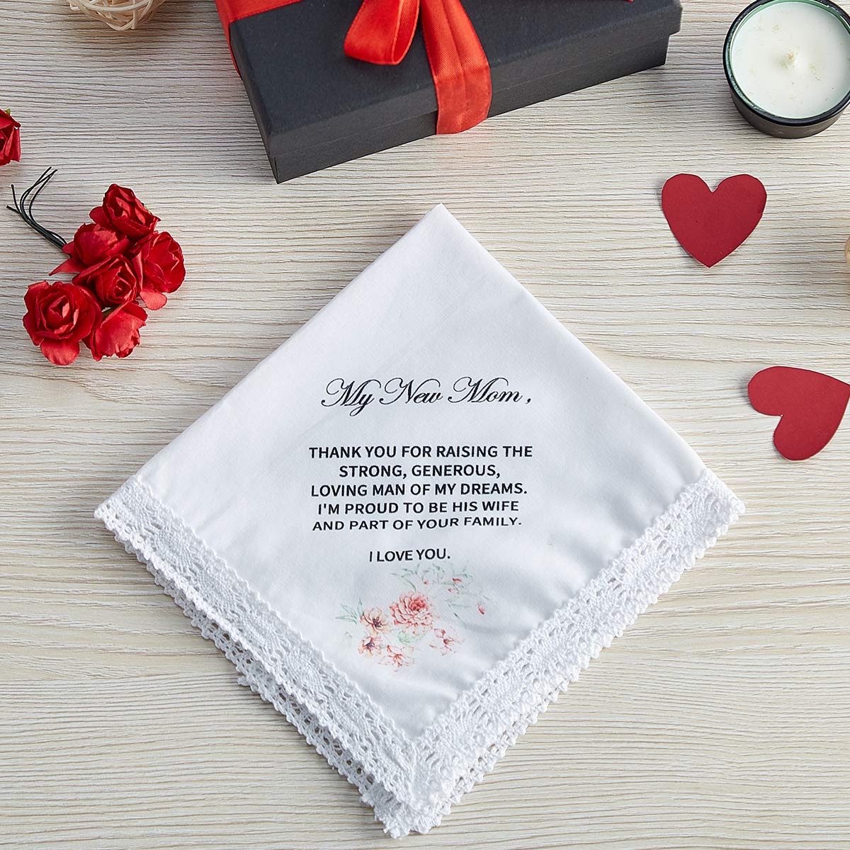 Udobuy Wedding Handkerchief Gift for Bride Groom Mom Dad Grandma Friends,Printed Wedding Hankies,Keepsake Hankie for Mother... (Mother of the Groom)