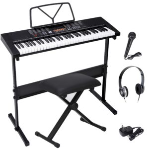 saturnpower 61-key portable electronic keyboard piano with built in speakers, headphones, microphone, dual power supply, piano stand, music sheet stand and stool for beginner (kid & adult) black