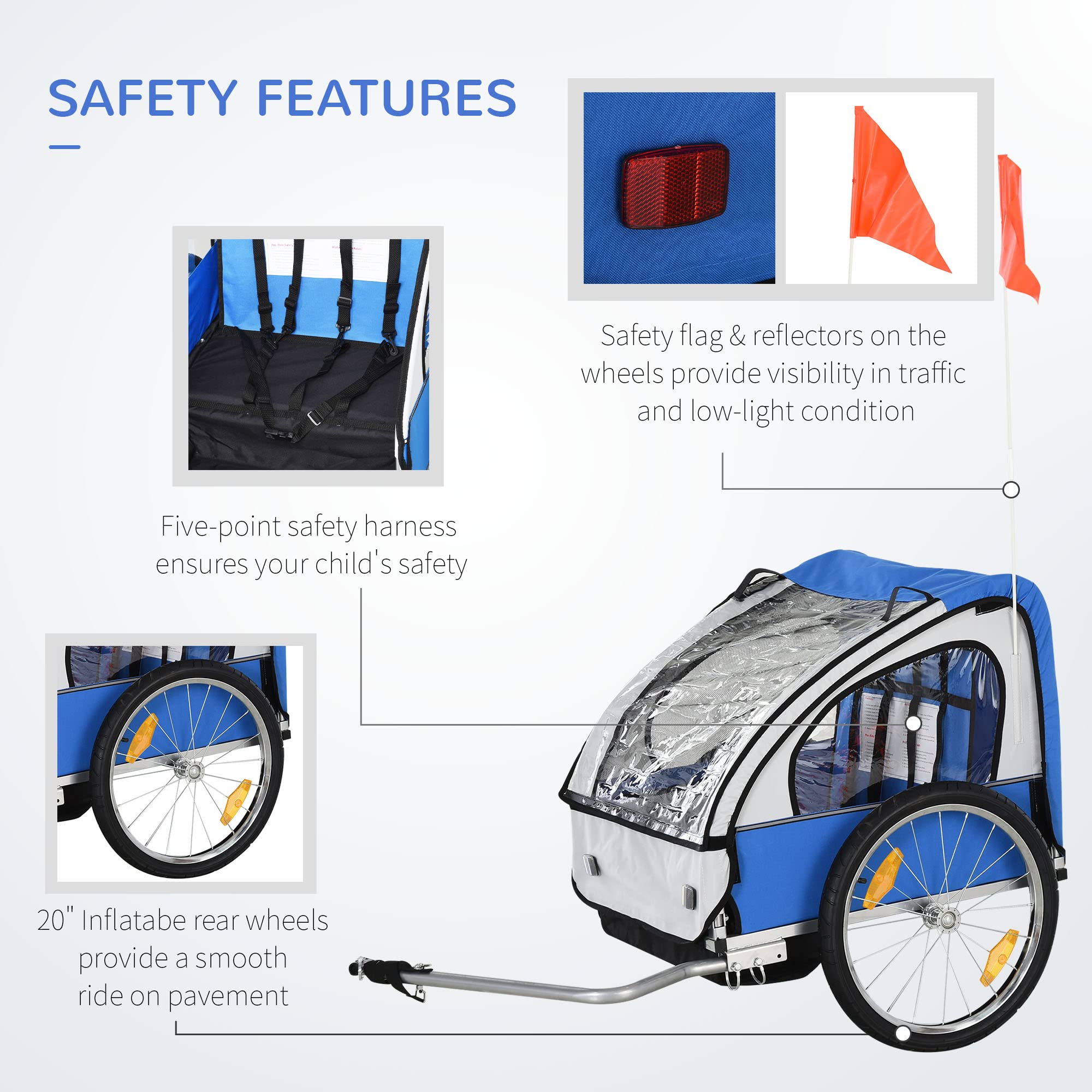 Aosom 2-Seat Child Bike Trailer for Kids with a Strong Steel Frame, 5-Point Safety Harnesses, & Comfortable Seat, Blue