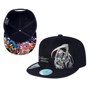 Love To Fashion Reaper Grim Religious Hats for Men Women Skull Black Flat Bill Snapback Baseball Caps,Medium-X-Large