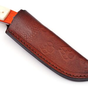 TMBrands Damascus Hunting Knife, Fixed Blade Knife, Camping Knife & Gift Knives with Rose Wood & Bone Handle & Leather Knife Sheath