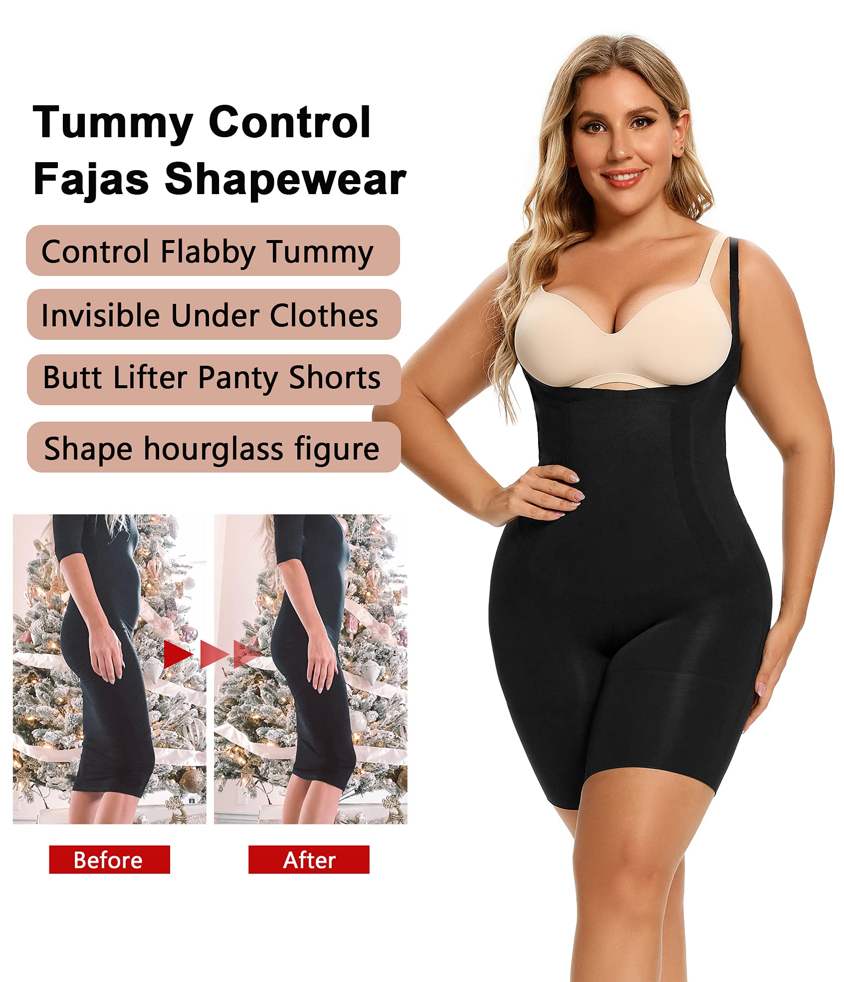 SHAPERX Shapewear for Women Tummy Control Open Bust Thigh Slimmer Body Shaper, SZ2490293-Black-L