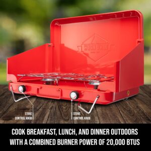 Hike Crew Gas Camping Stove | Portable Double Propane Burner | Built-in Carrying Handle, Foldable Legs & Wind Panels | Includes Regulator Tube