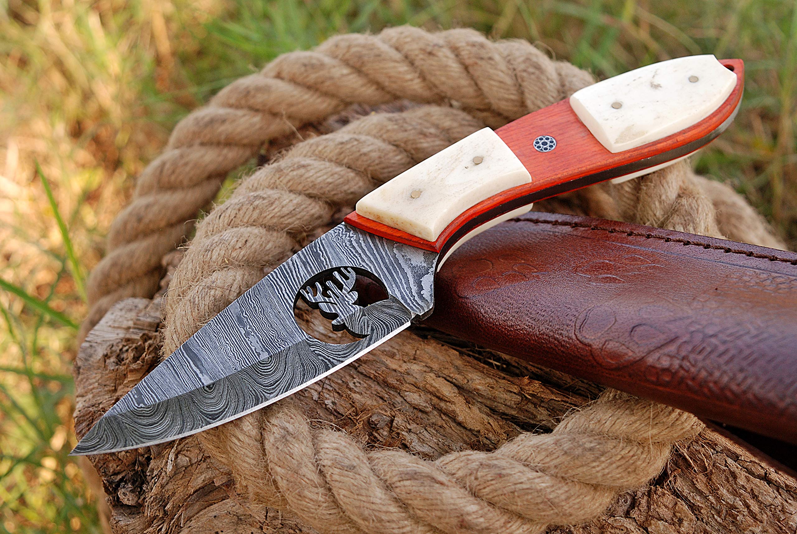 TMBrands Damascus Hunting Knife, Fixed Blade Knife, Camping Knife & Gift Knives with Rose Wood & Bone Handle & Leather Knife Sheath