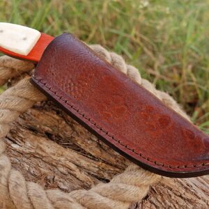 TMBrands Damascus Hunting Knife, Fixed Blade Knife, Camping Knife & Gift Knives with Rose Wood & Bone Handle & Leather Knife Sheath