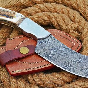 HUNTEX Handmade Hand-Forged Twist Pattern Damascus Steel 9 Inch Long Full Tang Natural Deer Antler Handle Razor Sharp Hunting Camping Cleaver Knife w/Genuine Leather Sheath